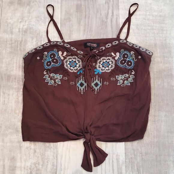 Shyanne Size L Western Top Brown Floral Embroidered Cowgirl Rodeo Boho Knotted - Picture 1 of 8